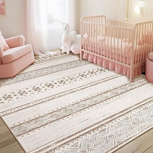BESTSWEETIE 5x7 Area Rugs for Living Room Washable Moroccan Farmhouse Neutral Geometric Low Pile Non-Slip Soft Print Pattern Rug for Bedroom Kitchen Dining Room Entryway Cream/Brown/Pink