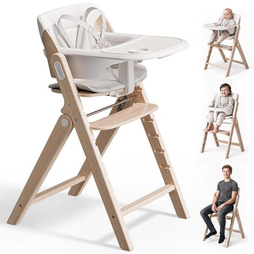 Mamazing GrowPod Pro Wooden Baby High Chair for 6 Months to 220lbs, Easy to Clean with Tray, Compact Foldable Highchair for Kitchen & Dining Room, with 5-Point Safety Harnesses and Guard Bar