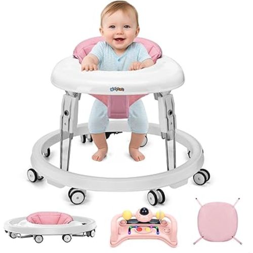 Baby Walker with Wheels, One-Touch Folding Baby Walkers with Height Adjustment, Large Dinner Plate and Brake, Portable Walker for Baby Boy Girls 6-18 Months, Light Pink