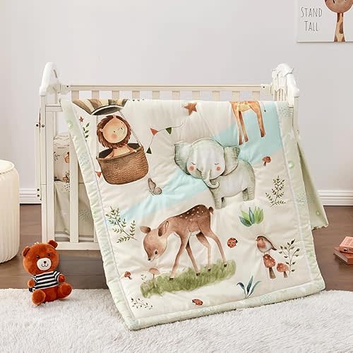 beeweed 4-Piece Crib Bedding Set, Baby Bedding Set Including Blanket, Crib Skirt, Crib Sheet & Diaper Stacker