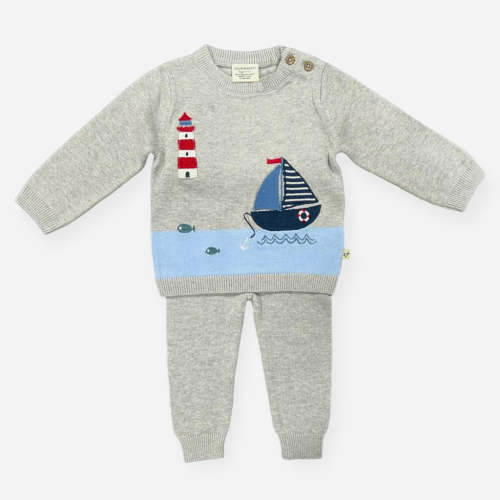 Lighthouse & Boat Embroidered Baby Knit Pullover and Pants SET (Organi