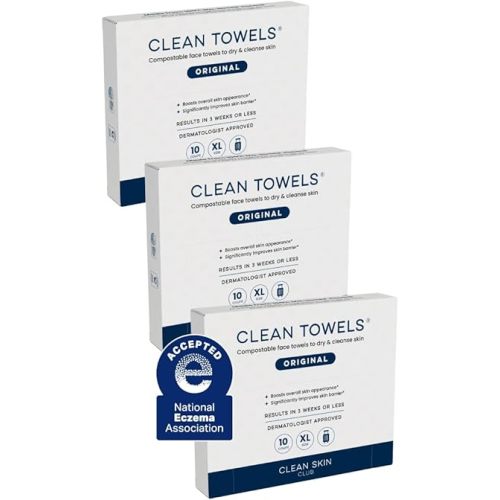 Clean Skin Club Clean Towels XL®, Travel Pack 100% USDA Biobased Disposable Face Towel, Eczema Association Accepted,Dry Wipes, TSA-Approved Travel Essential, 3 Packs, 30 ct Total