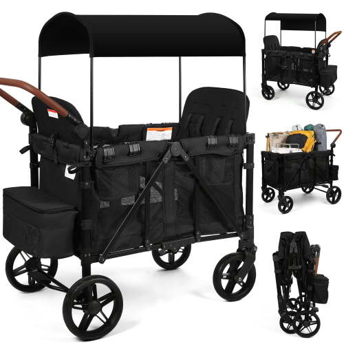 Vomeast Wagon Stroller for 4 Kids, 3-in-1 Stroller Wagon with Canopy, 5-Point Harness, Adjustable Handlebars, Removable Seat for Toddlers, Black
