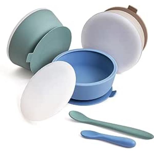 VITEVER 3 Pack Silicone Baby Bowls with Suction, Food Grade Silicone Toddler Bowls with Lids and Spoons, First Stage Set, BPA Free, Dishwasher, Microwave & Freezer Safe