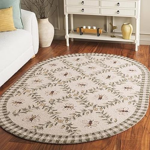 SAFAVIEH Chelsea Collection 8' Round Ivory / Green HK55A Hand-Hooked French Country Wool Area Rug