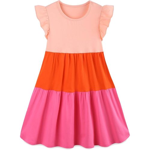 Bumeex Girl's Dresses Cotton Ruffle Sleeve Tiered Swing A-Line Cute Midi Casual Sundress