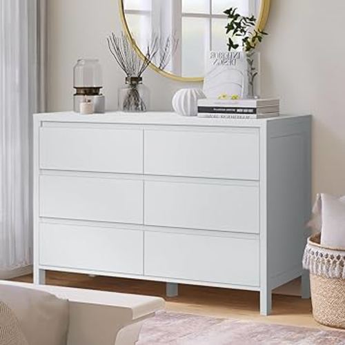 Vikiullf White 6 Drawer Dresser - Modern Bedroom Double Dresser with Handless, Wood Storage Organizer Cabinet for Bedroom Living Room Nursery Hallway, Wide Chests of Drawers