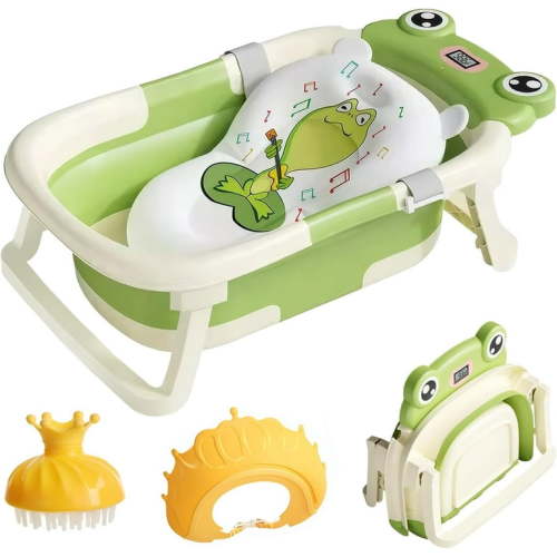 Baby Bath Tub with Bath Cushion Foldable Bathtub with Thermometer Shower Cap Shower Brush for Newborn and Toddler 0-36 Months