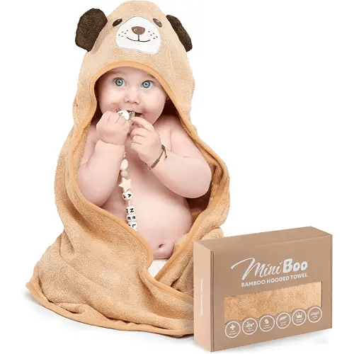 MINIBOO Premium Baby Hooded Towel with Unique Dog Design - Extra Soft and Absorbent Rayon from Bamboo Baby Towels for Newborn, Infant, and Toddler - Perfect as Baby Gifts