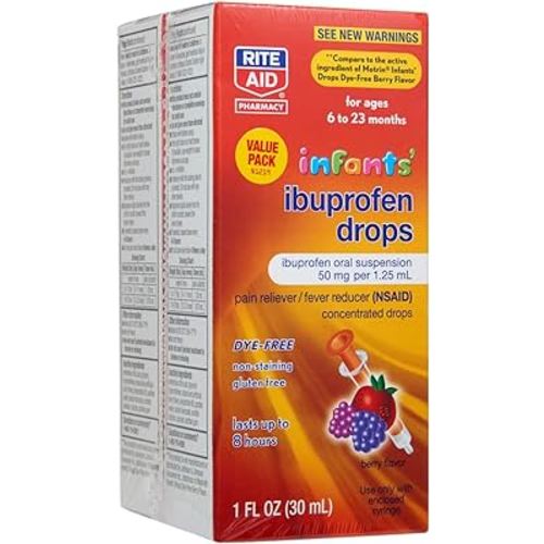 Rite Aid Infants' Dye-Free Ibuprofen Drops, Berry Flavor, 50 mg - 2 Value Pack | Infant Pain Reliever | for Babies Ages 6 to 23 Months | Oral Suspension 50 mg per 1.25 mL | Gluten Free