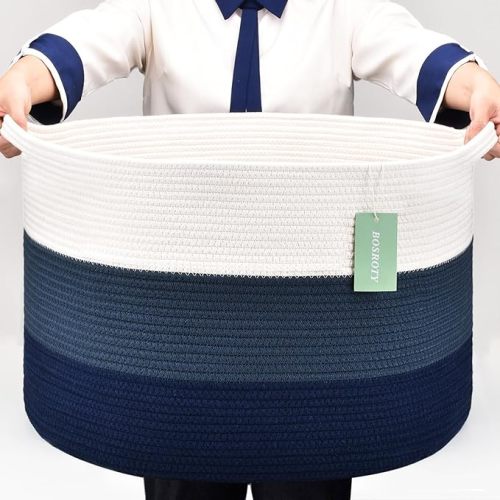 Extra Large Blanket Basket 87L, Laundry Hamper, Baby Nursery Hamper, Large Laundry Basket For Girls Boys, Cotton Rope Basket, clothes basket laundry, 22”x 14”, White&Cadet Blue&Navy Blue - White & Cadet Blue & Navy Blue - 87L (22"x14")