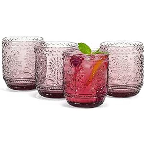 Amazon.com | Red Co. Vintage Botanist Drinking Glass Set, Luxurious Floral Embossed Decorative Purple Glassware, Set of 4, 4-inch, 12 oz: Tumblers & Water Glasses