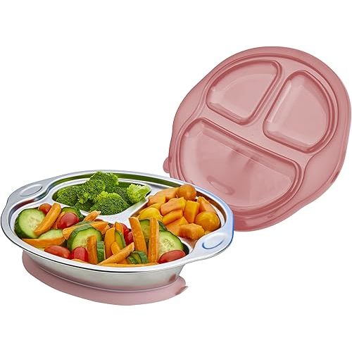 Stainless Steel Baby Plate with Suction & Lid - Non-Toxic, 3 Divided Kids Plates for Easy Portions - Durable Dinnerware for Babies and Toddlers & Mess-Free Mealtime (Pink)