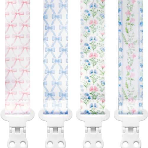 Stadela Baby Pacifier Clip Holder - Girl 4 Pack Gift Set – Vintage Floral Bows Ribbons Flowers French Blue Pink