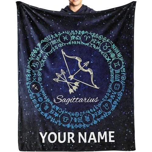 Personalized Sagittarius Blanket Gifts with Name Text, 30"x40" Sagittarius Throw Soft Flannel Blanket, Warm Lightweight Cozy Constellation Lover Gifts for Bed Couch