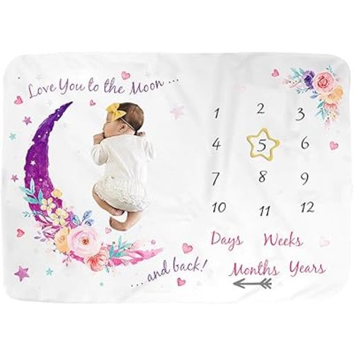 Baby Monthly Milestone Blanket for Boy and Girl,Monthly Blanket for Baby Pictures,Baby Photo Blanket for Newborn (Pink Moon, 40" x 60")