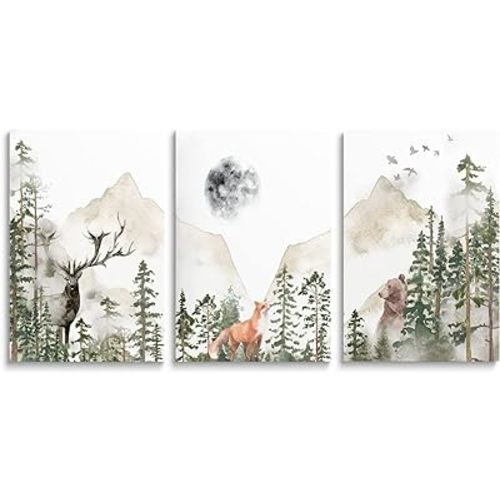SKYSUKEY Nursery Wall Decor Wild Woodland Animals Wall Art Foggy Forest Wall Art Adventure Theme Nursery Decor Watercolor Mountain Wall Art Beige Green Canvas Prints for Boy's Room Girl's Room Nursery