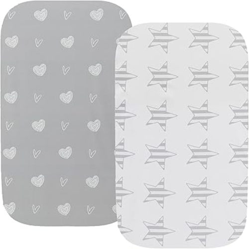 Waterproof Bassinet Sheets, No Need for Bassinet Mattress Pad Cover, 2 Pack Stretch Jersey Knit Super Soft fit for Cradle Oval Rectangle Hourglass Mattress Grey Love & Stars