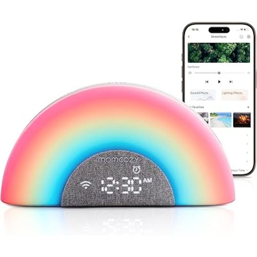 Momcozy DreamSync™ Baby Sound Machine, Night Light, APP Control Baby Sleep Trainer, Routine Builder, White Noise Machine with 34 Soothing Sounds, Wake Up Light Sunrise Alarm Clock, Wireless Speaker
