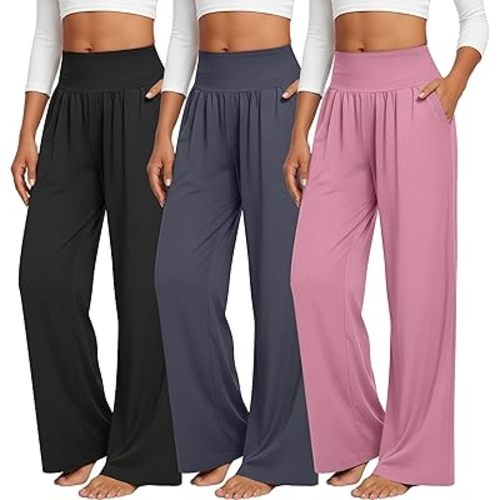 Neer 3 Pack Women's Wide Leg Yoga Pants, Comfy Lounge Pants with Pockets Ladies' Stretch Sweatpants Elastic Waist Joggers