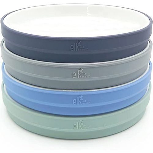 Elk and Friends Kids 7.8” Porcelain White Plates with Silicone Sleeves | Suitable for Kids/Toddlers | Microwave & Dishwasher Safe | Non Slip | Snack Dishes