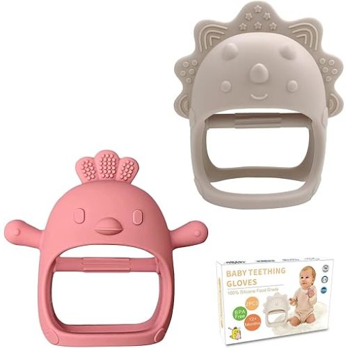 Baby Teething Toys, JUSONEY 2 Packs Anti-Drop Silicone Teething Mitten for Babies 3+ Months, Baby Teething Gloves 3D Chicken and Triceratops Shape Wrist Hand Teethers for Sucking Needs