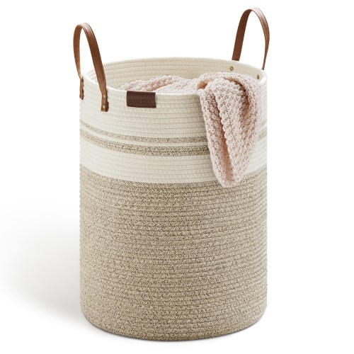 SOJERKI Cotton Woven Rope Laundry Hamper,72L Storage Decorative Laundry Basket for Blankets,Dirty Clothes,Toys,Plant Pot-Brown & White PU
