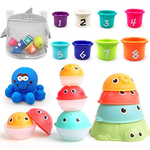 MoraBaby Baby Bath Stacking Toys with Organizer Bag, 8 Stacking Cup Toys, 4 Stack Up Squirts Animal Balls and 1 Floating Blue Octopus, Bath Time Fun Splash Toys, Gifts for Toddler 1-3 Years