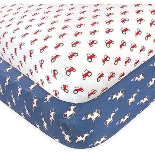 Hudson Baby Unisex Baby Cotton Fitted Crib Sheet, Tractor And Cow, One Size
