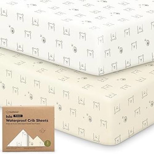 2-Pack Waterproof Baby Crib Sheets for Boys, Girls - 52x28 Viscose Derived from Bamboo Toddler Bed Sheet Neutral, Fitted Crib Mattress Protector Cover for Baby Bedding, Soft & Gentle (Bumble Bear)