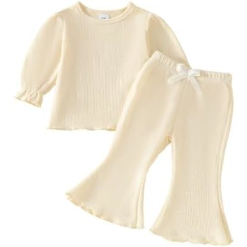 Baby Girl Fall Outfit Toddler Girl Winter Clothes Baby Lantern Sleeve Tops and Flared Pants 2pcs Waffle Clothing Set