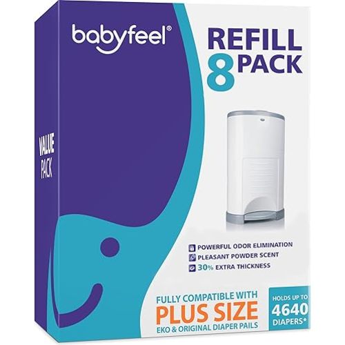 Babyfeel Refills for DEKOR PLUS Diaper Pails, 8 Pack, Exclusive 30% Extra Thickness, Fresh Powder Scent, Holds up to 4640 Diapers