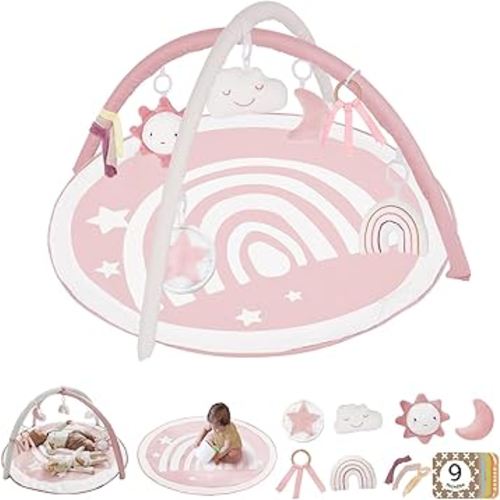 Baby Play Gym Mat, Tummy Time Activity Mat with 7 Detachable Toys and 12 Milestone Cards for Stage-Based Sensory and Motor Skill Development, Washable Play Mats, Newborn Baby Essentials, Pink