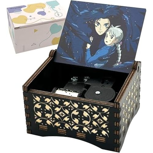 Pursuestar HowlMoving Castle-Merry Go Round of Life Wind Up Music Box, Vintage Engraved Wood Mechanism Musical Box Gifts for Anime Fans Birthday Christmas Valentine's Day