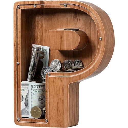 Piggy Bank for Kids Boys Girls, Wooden Large Letter Piggy Bank Alphabet Money Bank with Initial P, Coin Bank Fun Gifts for Birthday, Christmas, Festival, Baby Shower
