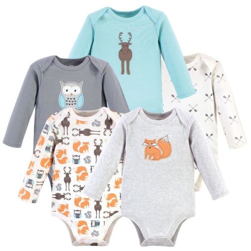 Hudson Baby Cotton Long-sleeve Bodysuits 5pk, Gray Forest, 0-3 Months