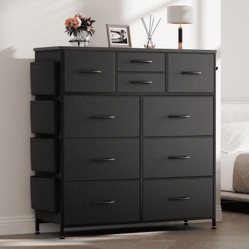 Aowos 10 Drawer Dresser, Black Dresser for Bedroom Chest of Drawers Leather Finish with 4 Side Pockets and 2 Hooks for Living Room