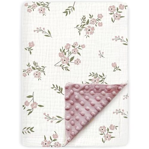 BOPRIO Muslin Baby Blankets for Girls Super Soft Nursery Minky Blankets with Breathable Muslin Cotton Front and 3D Touch Dotted Fleece Backing, Pink Floral Printed Bed Throws Newborn 30 x 40 Inch