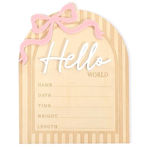 Bow Hello World Wooden Board - Hospital Newborn Information Record,Birth Milestone Bulletin Board Photo Props,Sweet Pink Bow Nursery Decorations,Little Princess Hello World Announcement Sign