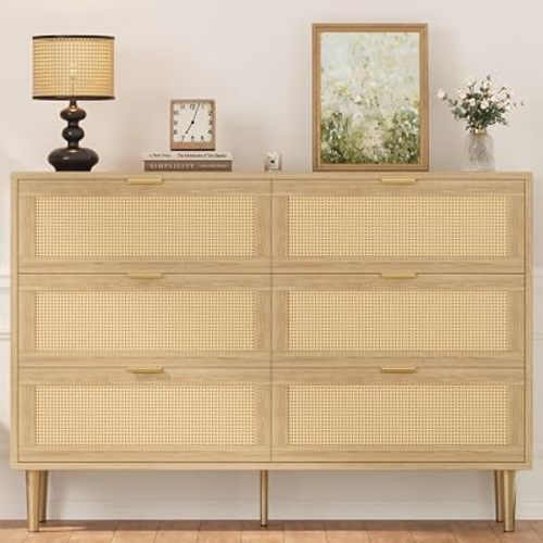 Garvee Rattan 6 Drawer Dresser, 42.5''W Wood Dresser, Chest of Drawers with Gold Legs and Handles, Double Dressers with Large Tabletop and Anti-Tipping Design for Bedroom, Natural