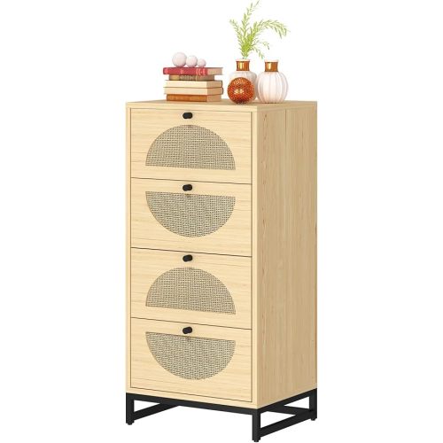 AWQM Rattan Cabinet, 4 Drawer Dresser, Tall Wooden Nightstand with Metal Base, Accent Storage Cabinet for Living Room, Bedroom, Entrance, Hallway, Home Office, Oak