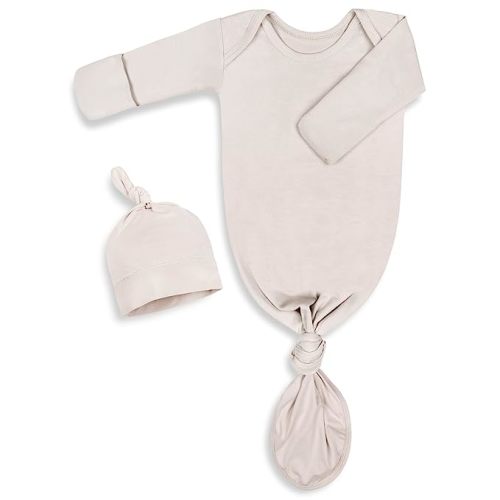 Mikccer Newborn Knotted Baby Gown 0-6 Months, Super Soft Breathable Nightgowns for Babies Girl and Boy, Baby Girls Coming Home Hospital Outfit with Hat Set Oatmeal - Beige