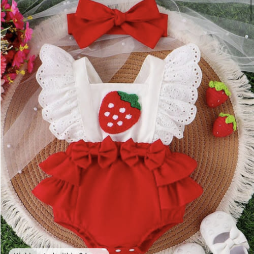 Baby Girl Strawberry Embroidered Ruffle Trim Spliced Bodysuit With Headband