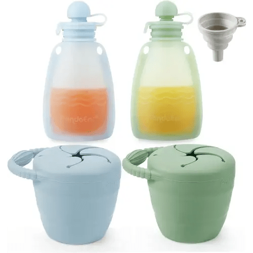 PandaEar 2 Pack Baby Food Pouches & 2 Pack Snack Containers, Reusable Silicone Squeeze Pouches & Collapsible Toddler Snack Cups for Toddler Kids -Blue&Green