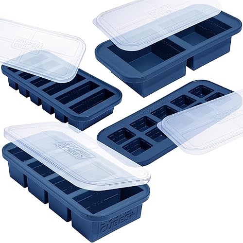 Souper Cubes Silicone Freezer Molds Gift Set with 2 Tbsp, 1/2, 1, and 2 Cup Silicone Freezer Trays With Lids - Meal Prep and Kitchen Essentials Bundle - Blueberry