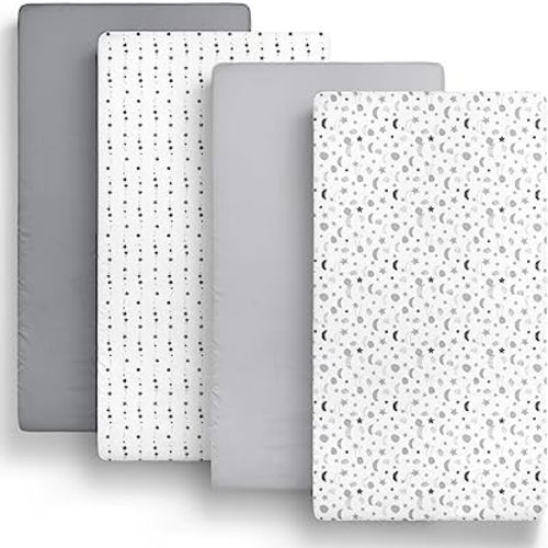 The Peanutshell Fitted Crib Sheets Set, Unisex 4 Pack Celestial Print, Grey Moon & Stars