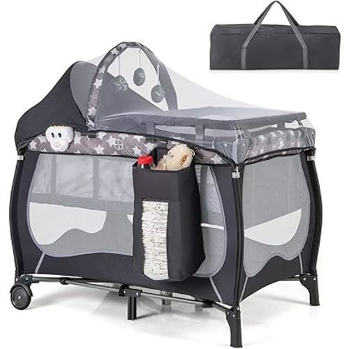 HONEY JOY Pack and Play, 4 in 1 Portable Baby Playard with Bassinet, Changing Table, Lockable Wheels, Music Box, Foldable Travel Baby Crib Nursery Center from Newborn to Toddler(Gray)