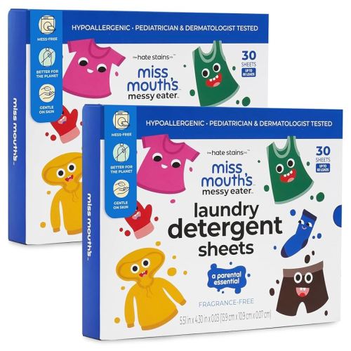 Miss Mouth's Messy Eater Laundry Detergent Sheets - Laundry Detergent, Hypoallergenic, Sensitive Skin Safe, Pediatrician and Dermatologist Tested, Fragrance Free, Travel Friendly, 120 loads