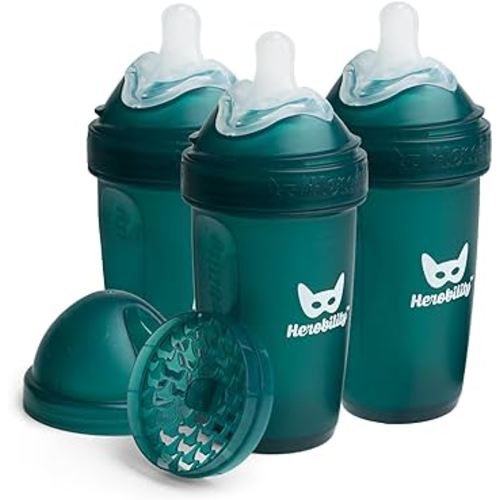 Herobility Double Anti-Colic Baby Bottles – 8.5 fl oz/240ml – 3-Pack – BPA-Free – Dark Green