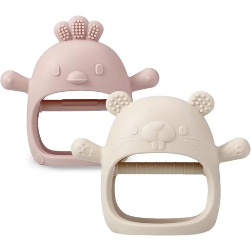 PandaEar 2 Pakc Silicone Baby Teething Toys| Baby Hand Teether Mitten for Sucking Needs| Baby Chew Toys Hand Pacifier for Soothing Teething Pain Relief (White/Pink)